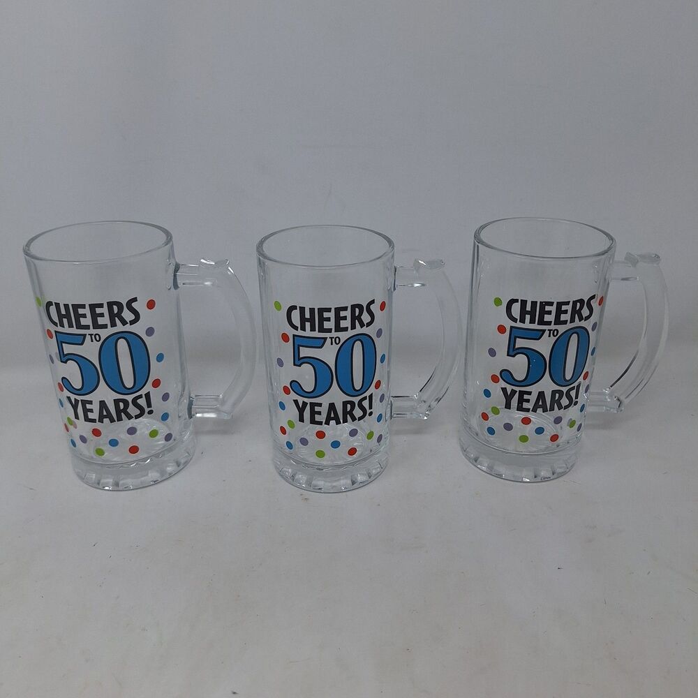 Cheers To 50 Years Beer Mug Glass Tankard Anniversary Blue Confetti Set Of 3